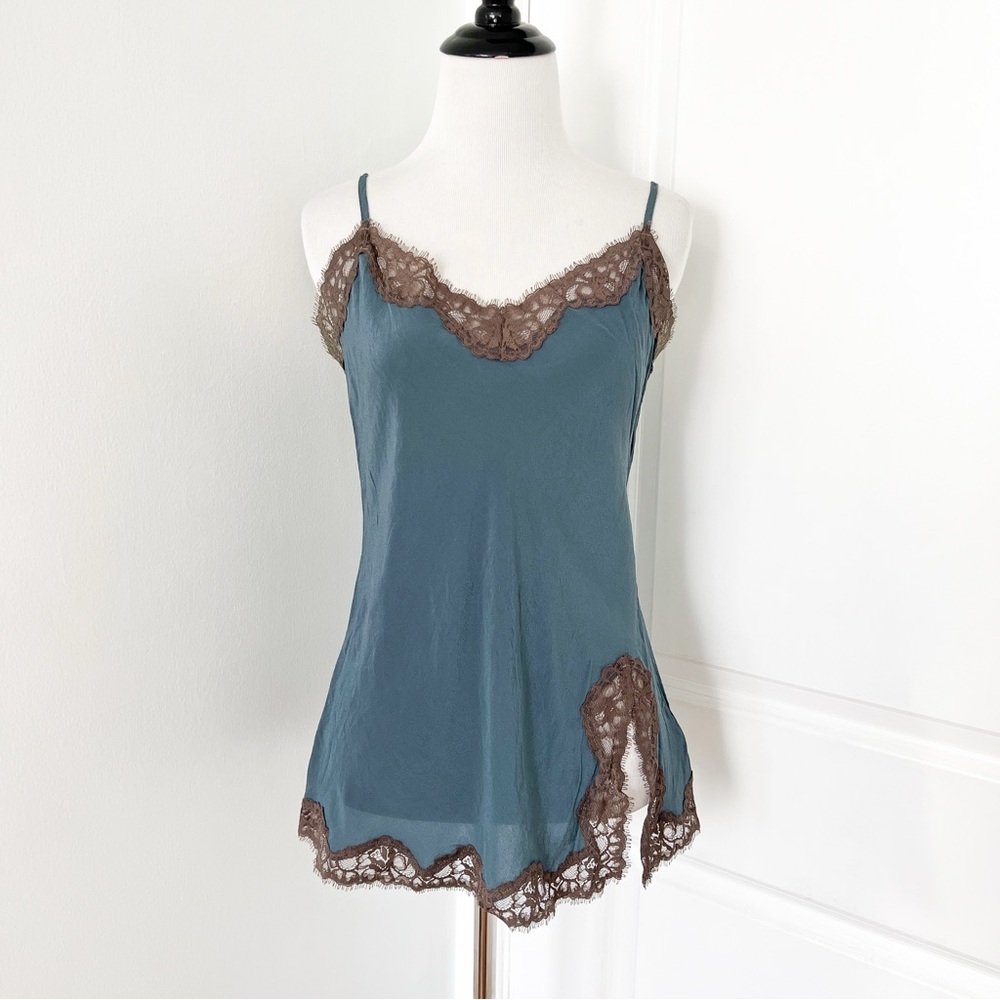 Falconeri Blue Silk Camisole with Grey Lace Trim - Medium